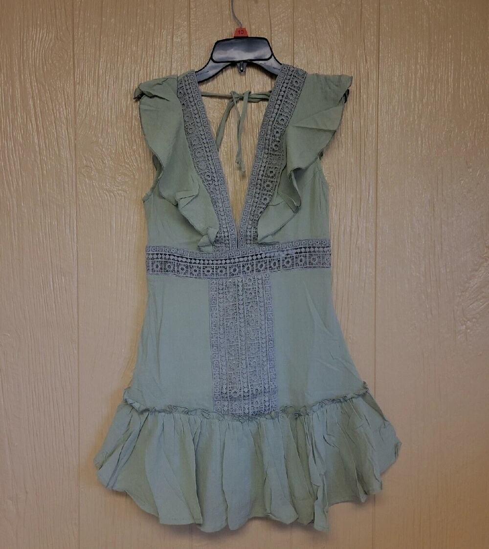 Deep V Ruffle Mini Dress Open Back Olive Green sz Small Knit NWOT Flutter Sleeve